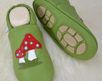 Liya's slippers leather slippers first shoes - #611 fly agaric in grass green