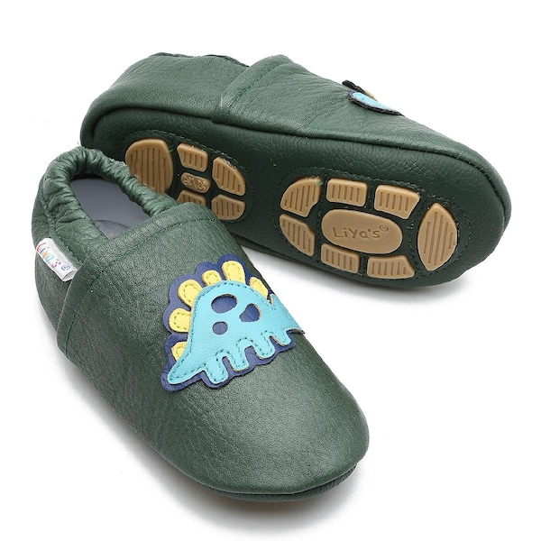 Liya's Slippers Leather slippers with partial rubber soles- #675 Stegosaurus in fir green