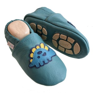 Liya's slippers leather slippers with partial rubber sole - #675 Stegosaurus in mint turquoise