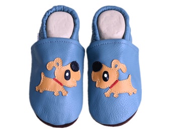 Liya's Leather Slippers Baby Shoes Slippers - #564 Dog in pastel blue