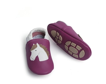 Liya's Slippers Leather slippers with part rubber sole - #639 Horse in pink