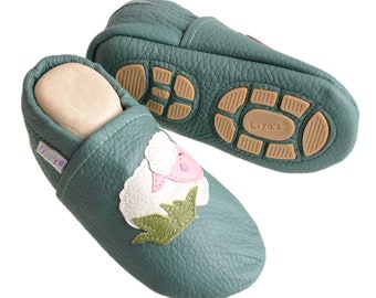 Liya's Slippers Leather slippers with partial rubber soles - #660 sheep in patina green