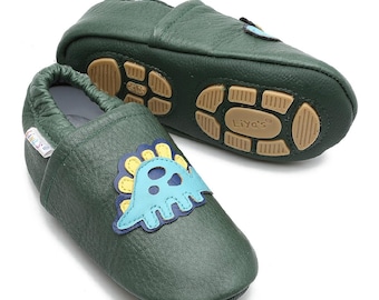 Liyas slippers, leather slippers with partial rubber sole - #675 Stegosaurus in fir green