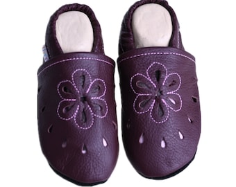 Liya's Ledermule Baby Shoes Slippers - #537 Large flower in reddish brown