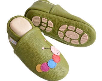 Liya's baby shoes children's slippers with rubber sole - #606 caterpillar in olive green