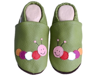 Liya's Leather Baby Shoes Crawling Shoes Slippers - #506 Caterpillar in olive green