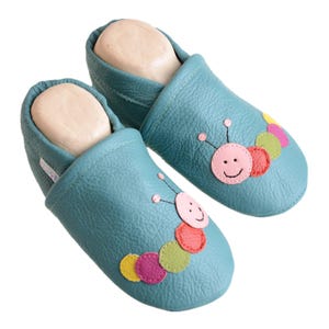 Liyas slippers, leather slippers with partial rubber sole - #606 colorful caterpillar in turquoise green image 3