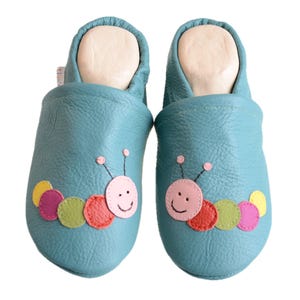 Liyas slippers, leather slippers with partial rubber sole - #606 colorful caterpillar in turquoise green image 2