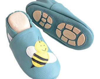 Liya's slippers leather slippers with part rubber sole - #617 bee in mint turquoise