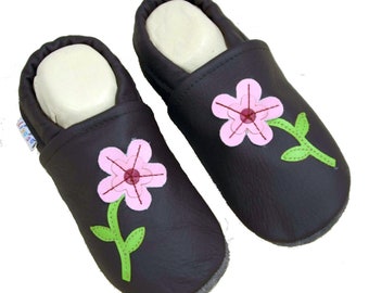 Liya's Leather Slippers Crawling Shoes Slippers - #585 Pink flower in dark brown