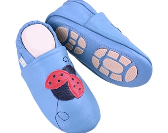 Liya's slippers with rubber sole - #616 ladybug in light blue