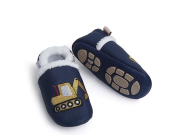 Zapatillas de piel forrada de Liya con suela de goma parcial - #389 Excavadora en azul oscuro