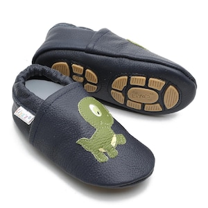 Liya&#39;s SlippersLeather slippers with partial rubber sole - #665 Little Dino in dark blue