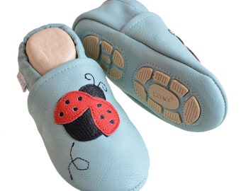 Liya's Slippers Leather slippers with part rubber sole - #616 Ladybug in baby blue
