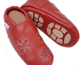 Liya's leather slippers with part rubber sole - #636 Summerflower in red