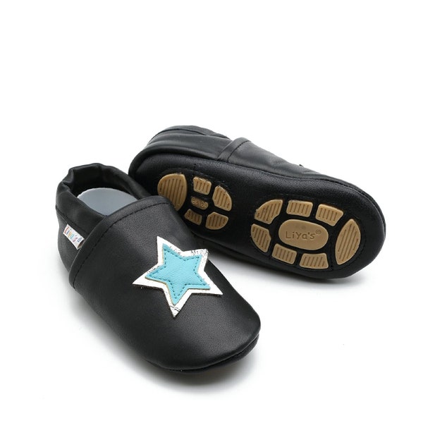 Liya's Slippers Leather Slippers with Partial Rubber Sole - #696 Star in dark blue