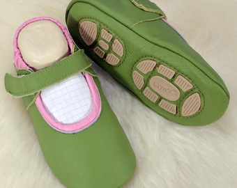 Liya's leather slippers with rubber sole - #692a ballerina in light green