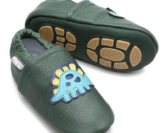 Liyas slippers, leather slippers with partial rubber sole - #675 Stegosaurus in fir green