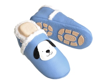 Liya's lined leather slippers with partial rubber sole - #346 Dog in light blue