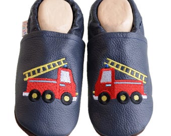 Liya's Leather Baby Shoes Crawling Shoes Slippers - #583 Fire Engine in dark blue