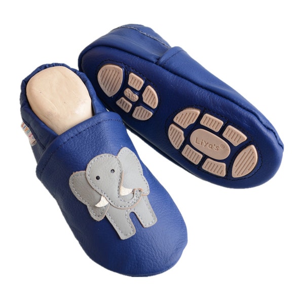 Liya's slippers leather slippers with part rubber sole - #647 elephant in blue