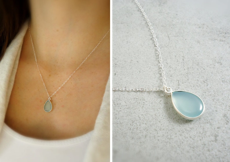 Silver necklace with Smooth aqua Chalcedontropfen