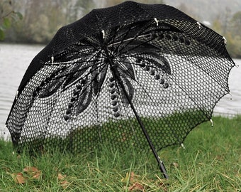 Umbrella black gothic bride hand knitted lace wedding umbrella UNIKAT