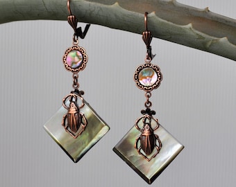 Earrings *bug steampunk Muted Pearl Beetle Copper MoP Earrings Brass Folding Brisures