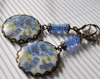 Earrings *cornflowers bronze colored glass beads vintage cabochon blue brass bronze earrings Roccailles glass stone