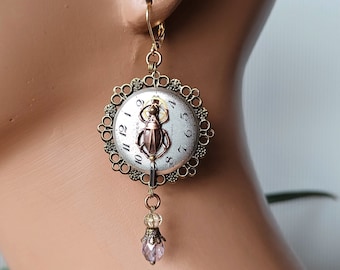 Earrings *bug copper steampunk with dial glass beads earrings brass beetle surgeon steel hook plated
