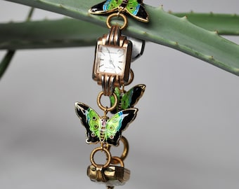 Bracelet *butterfly I Steampunk vintage watch case enamel unique piece