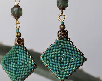 Earrings *emerald brass gold glass beads emerald green earrings miyuki beads glass square stainless steel hook