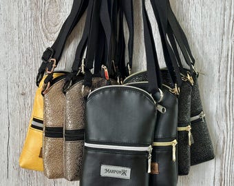 Faux leather crossbody phone bag with money compartment / Mini shoulder bag for women with zipper / Elegant glitter evening bag
