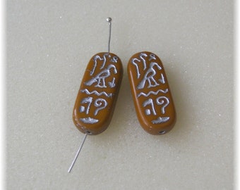2 Böhm. Glass beads-hieroglyphs-25x10x5 mm