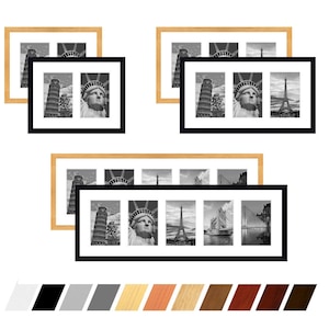 Peut inclure: Un ensemble de trois cadres photo noirs avec une finition en bois naturel. Les cadres sont disposés en rangée horizontale et présentent une variété d'images en noir et blanc.