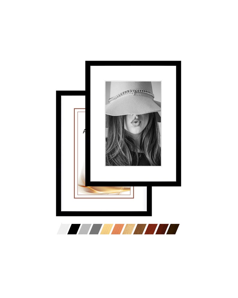 May include: Two black picture frames with a white mat are stacked on top of each other. The top frame has a black and white photo of a woman wearing a hat. The bottom frame is empty.