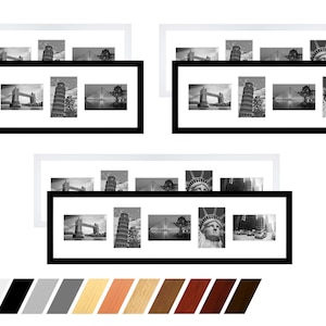 Könnte beinhalten: Ein Set aus drei schwarzen Bilderrahmen mit weißen Passepartouts, die jeweils fünf Schwarzweißfotos aufnehmen. Die Rahmen sind in verschiedenen Farben erhältlich, darunter Weiß, Schwarz, Grau, Naturholz, Hellbraun, Mittelbraun, Dunkelbraun und Rot.