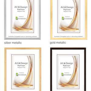 May include: Four picture frames with different colored frames. The frames are silver, gold, natural wood, and dark brown. Each frame has a picture of a swirling abstract design with gold and white colors. The text on the frames reads "Art Design Rahmen designed in Italy" and "Powered by Stoverahem.com".
