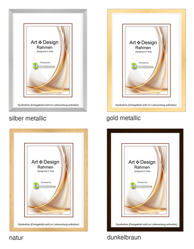 May include: Four picture frames with different colored frames. The frames are silver, gold, natural wood, and dark brown. Each frame has a picture of a swirling abstract design with gold and white colors. The text on the frames reads "Art Design Rahmen designed in Italy" and "Powered by Stoverahem.com".