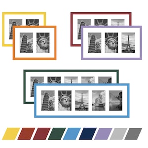 Könnte beinhalten: Eine Auswahl an Mehrfach-Fotorahmen in verschiedenen Farben, darunter Gelb, Orange, Burgunderrot, Lila, Grün und Blau. Jeder Rahmen zeigt Schwarz-Weiß-Bilder von Wahrzeichen wie dem Schiefen Turm von Pisa und der Freiheitsstatue.