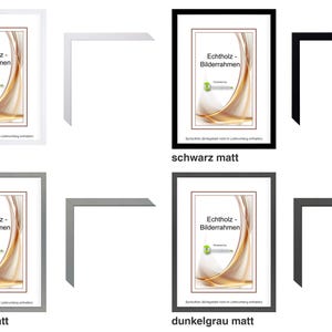 Pu&ograve; includere: Una selezione di cornici per foto con finiture opache bianche, nere, grigio chiaro e grigio scuro. Ogni cornice mostra una stampa con un design astratto oro e bianco e il testo "Echtholz - Bilderrahmen".