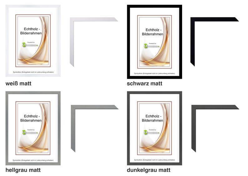 Pu&ograve; includere: Una selezione di cornici per foto con finiture opache bianche, nere, grigio chiaro e grigio scuro. Ogni cornice mostra una stampa con un design astratto oro e bianco e il testo "Echtholz - Bilderrahmen".