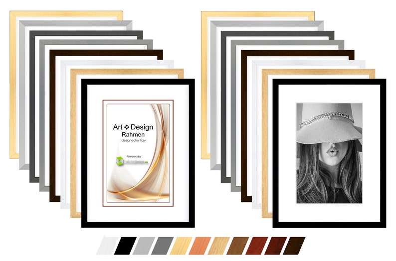 May include: A set of 12 picture frames in various colors, including black, white, gray, brown, and wood tones. The frames are arranged in two rows of six, with the top row showing a frame with a gold abstract design and the bottom row showing a frame with a black and white photo of a woman wearing a hat. The frames are all the same size and have a simple, modern design.