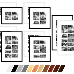 May include: Set of six black picture frames with white mats, each featuring a collage of nine black and white photos of famous landmarks. The frames are available in a variety of colors, including white, black, gray, brown, and natural wood.