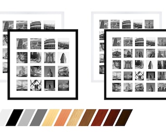 Collage Echt- Holz Bilderrahmen Galerie mit Passepartout für 16  oder 25 Bilder  9x9 cm oder 8x8 cm mit Passepartout und Echtglas