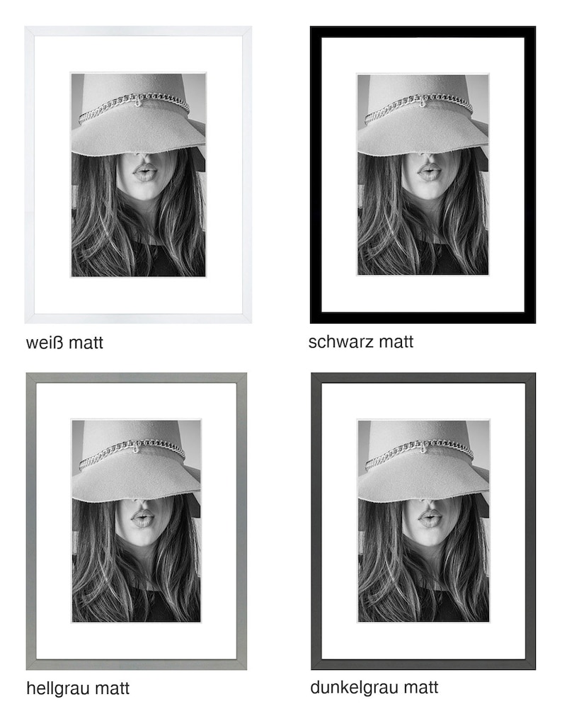 May include: A black and white photo of a woman wearing a hat. The hat is covering her eyes and she is looking at the camera. The photo is framed in a white, black, light gray, or dark gray frame.