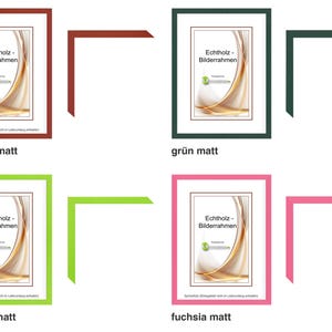 Pu&ograve; includere: Quattro cornici per foto in diversi colori: rosso mattone, verde scuro, verde chiaro e fucsia. Ogni cornice ha un interno bianco con il testo "Echtholz-Bilderrahmen". Sono mostrati anche gli angoli di ogni cornice.