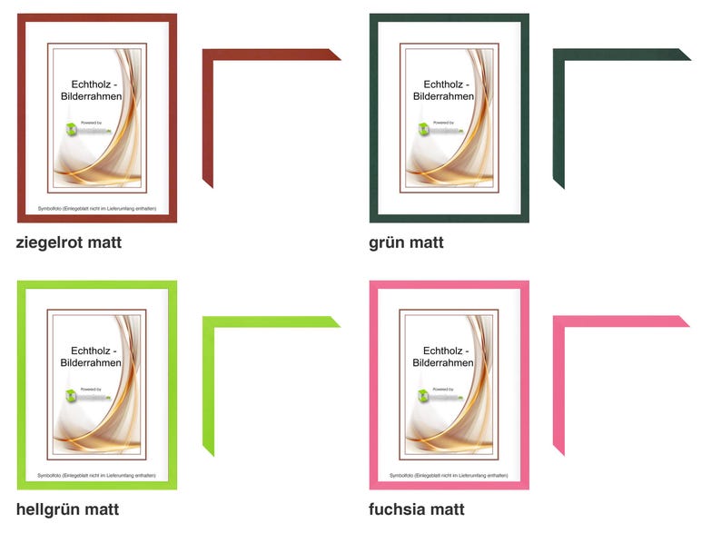 Pu&ograve; includere: Quattro cornici per foto in diversi colori: rosso mattone, verde scuro, verde chiaro e fucsia. Ogni cornice ha un interno bianco con il testo "Echtholz-Bilderrahmen". Sono mostrati anche gli angoli di ogni cornice.