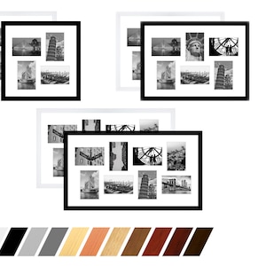 Könnte beinhalten: Ein Set aus drei schwarzen Bilderrahmen mit weißen Passepartouts, die jeweils acht Fotos im Format 10x15 cm aufnehmen. Die Rahmen sind versetzt angeordnet. Die Fotos sind in Schwarzweiß gehalten und zeigen verschiedene Sehenswürdigkeiten und Stadtansichten. Die Rahmen sind in verschiedenen Farben erhältlich, darunter Weiß, Schwarz, Grau, Holztöne und Rot.