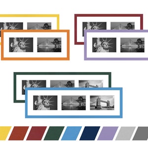 Op de afbeelding: Set van vijf fotolijsten in verschillende kleuren, waaronder geel, rood, groen, blauw en paars. Elk frame heeft drie openingen voor foto's, en de frames zijn op elkaar gestapeld.